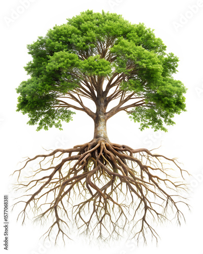 single tree with root isolated on white background, png, ai generated.
