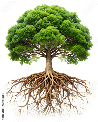 single tree with root isolated on white background, png, ai generated.