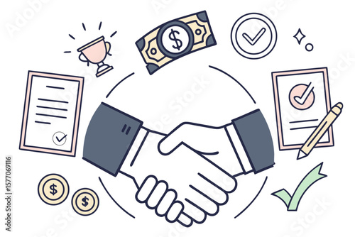 Handshake icons surrounded by money, seals, documents, and checkmarks