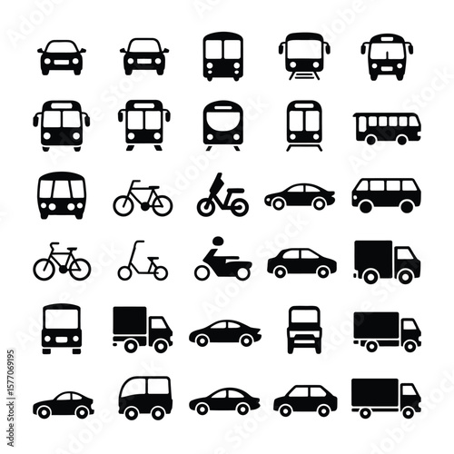 Collection of Black and White Transportation Icons Including Cars Buses Trains Bikes and Trucks Front and Side Views Simple Graphic Design Elements 1