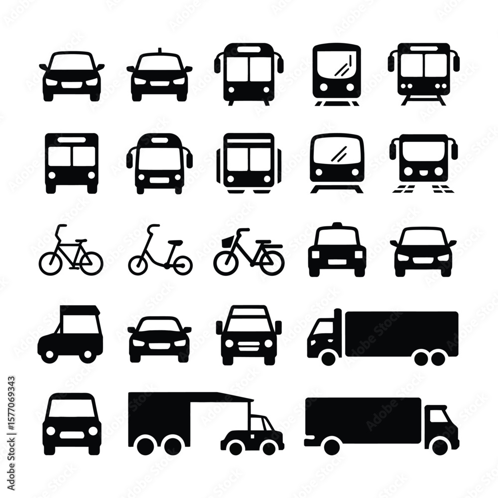 Collection of Black and White Vehicle Icons Including Cars Buses Trains and Bikes Front View Illustrations Collection of Black and White Vehicle Icons Including Cars Buses Trains and Bikes Front View Illustrations