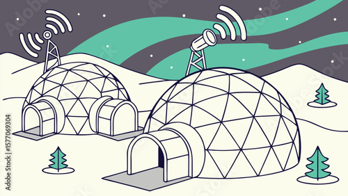 Illustration of arctic research station with igloos, antennas and aurora borealis in the sky