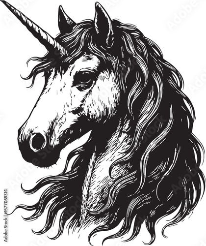 Detailed monochrome drawing of a unicorn head with flowing mane and a sharp spiraled horn design
