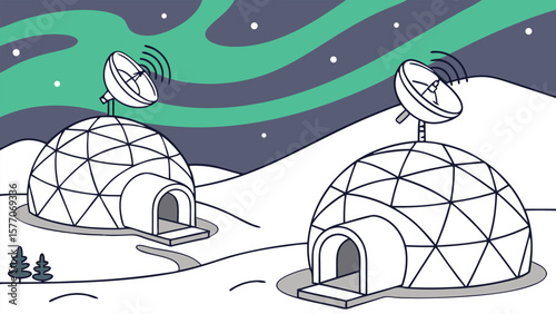 Two igloo shaped buildings with satellite dishes under the northern lights in a snowy landscape view