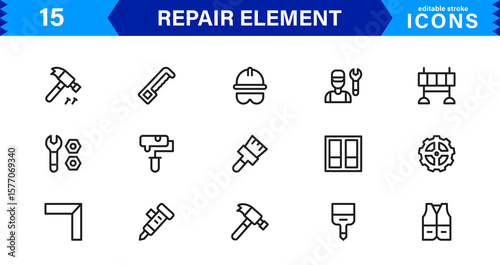 Repair Element and Service Symbols – Professional Modern Line Icon Pack with Unique Vector Style Featuring Minimal and Clear Visuals