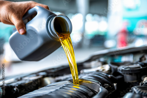 Engine oil being poured into a car engine for maintenance