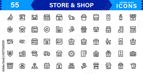 Complete Store Shop Icon Collection with Shopping Cart, Cash Register, Product Tags, and Sale Icons.