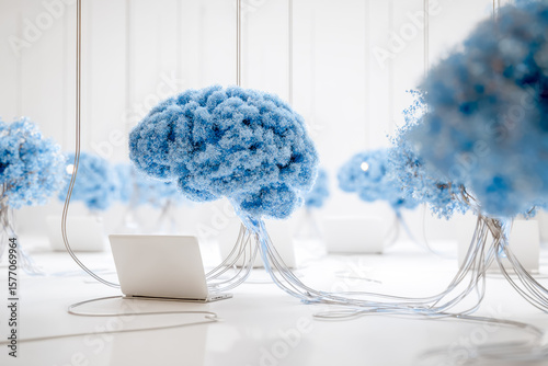 Artificial neural network simulation with cloud-shaped models connected to a laptop photo