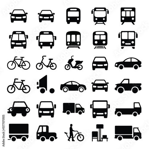 Collection of Black Silhouette Icons Depicting Various Modes of Transportation Including Cars Buses Trains Bikes Trucks and a Scooter on a White Background