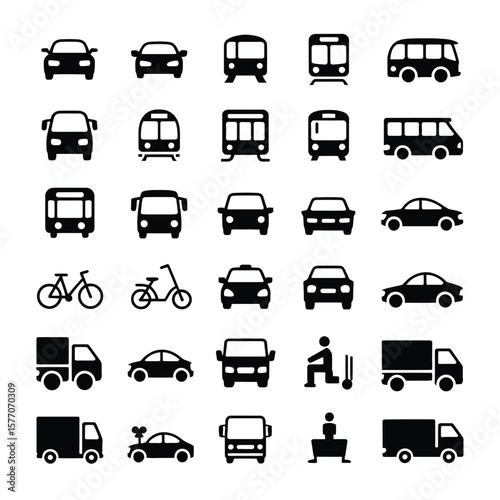 Collection of Black Silhouette Icons Depicting Various Modes of Transportation Including Cars Buses Trains Bikes Trucks and Delivery Vehicles on White Background