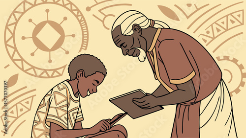 Illustration of an elder teaching a young person how to use a tablet with tribal patterns around them
