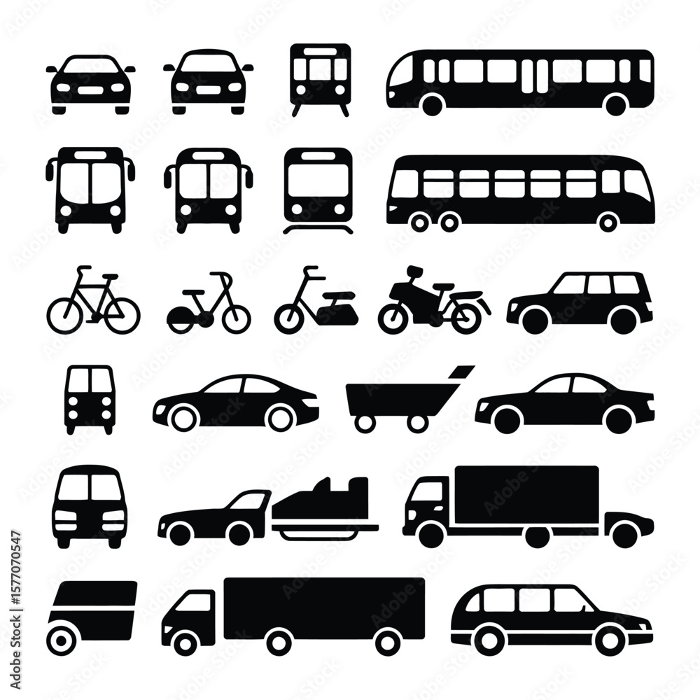Obraz premium Collection of Black Silhouette Icons Depicting Various Modes of Transportation Including Cars Buses Trains Bikes Trucks and More 1