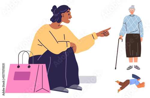 Young woman sitting near a shopping bag, gesturing towards elderly woman with a cane who has fallen. Ideal for empathy, assistance, caregiving, community, helping, kindness societal support. Flat