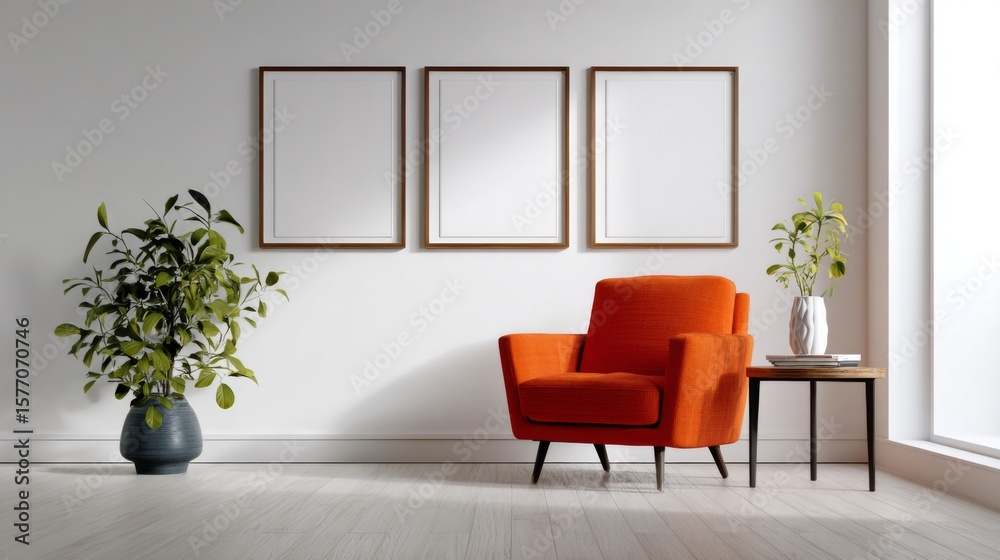 Fototapeta premium Orange armchair in a minimalist room with three blank frames and plants