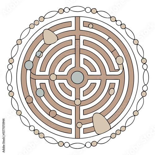 Medieval Labyrinth Mandala with Circular Maze Structure