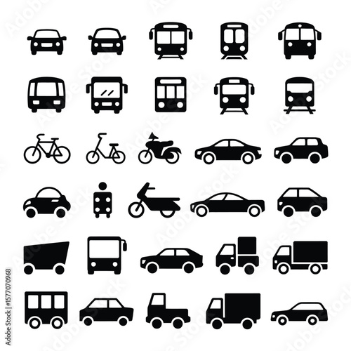 Collection of Black Silhouette Icons Depicting Various Modes of Transportation Including Cars Buses Trains Motorcycles Bicycles and Trucks on White Background