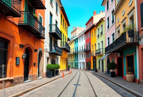 Cobblestone street, wrought iron balconies, colorful buildings,   old,  balcony