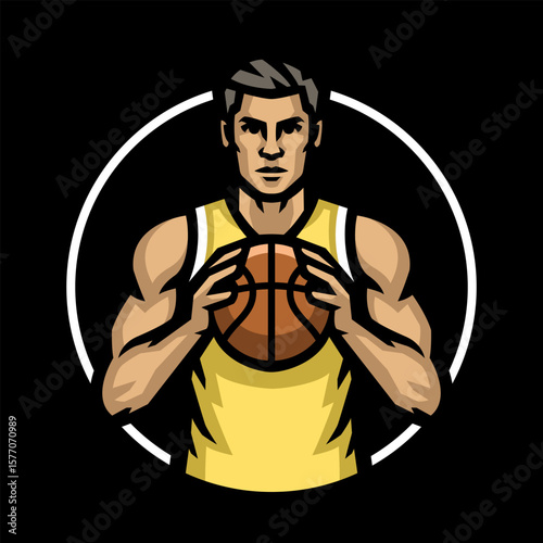 Logo of a basketball player with a ball in his hands on dark background.