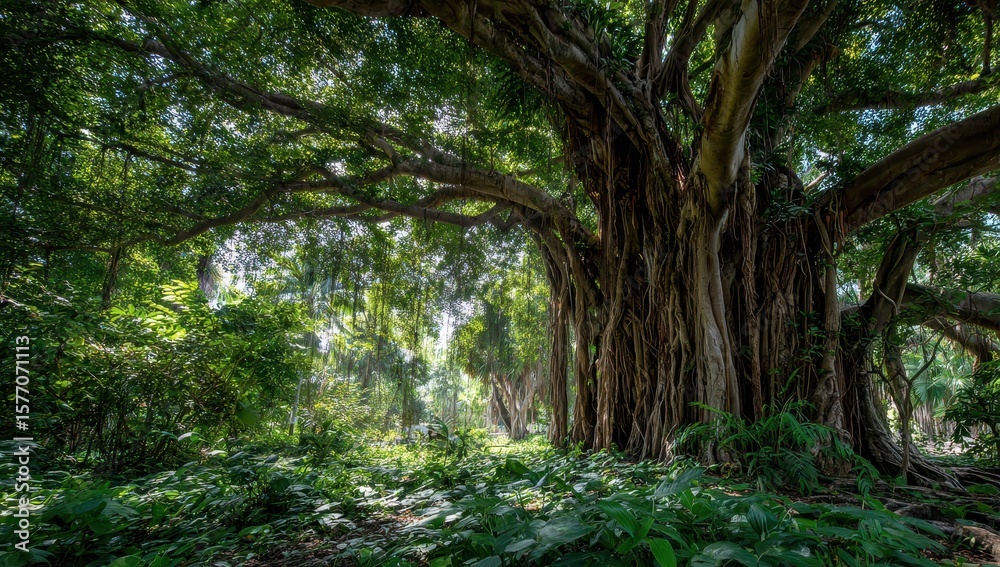 Fototapeta premium Vibrant photo of large banyan tree with thick roots and green leaves, bathed in sunlight. The trunk of the massive tree is covered by dense foliage that stretches across its.