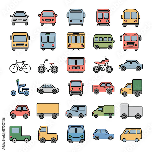 Collection of Colorful Line Art Icons Depicting Various Modes of Transportation Including Cars Buses Trains Bikes Scooters and Trucks in a Flat Design Style