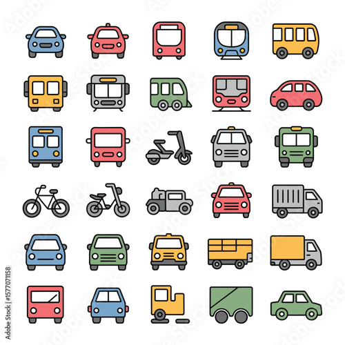 Collection of Colorful Line Art Icons Depicting Various Modes of Transportation Including Cars Buses Trains Bikes Trucks and Scooters Front View Perspective