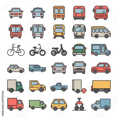Collection of Colorful Line Art Icons Depicting Various Modes of Transportation Including Cars Buses Trains Bikes Trucks and Vans in a Flat Style Design