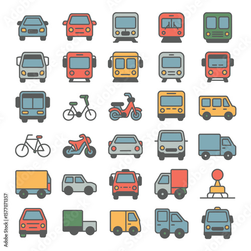 Collection of Colorful Line Art Icons Depicting Various Modes of Transportation Including Cars Buses Trains Motorcycles Bicycles and Trucks