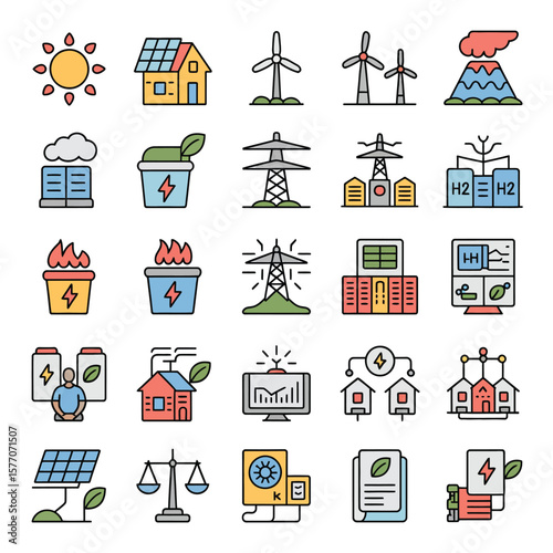 Collection of Colorful Line Icons Depicting Renewable and Non Renewable Energy Sources Power Generation Systems Smart Grid Technologies and Energy Efficiency Concepts Including