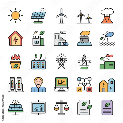 Collection of Colorful Line Icons Depicting Renewable and Non Renewable Energy Sources Power Generation Transmission and Sustainability Concepts Including Solar Panels Wind 2