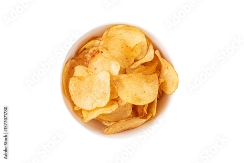 a bowl of chips on a white surface