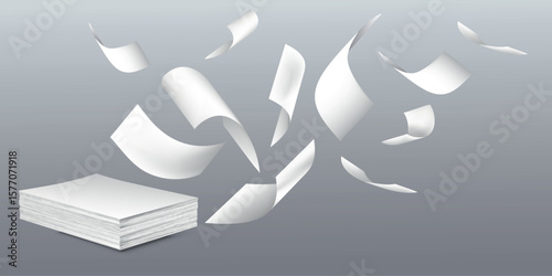 Flying paper sheets and document stack vector illustration – office paperwork, business forms, scattered pages, printouts, and floating documents for presentations and templates.