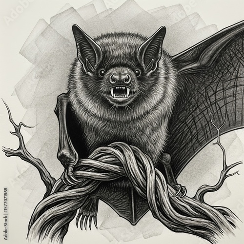 Detailed black and white sketch of an aggressive bat perched on a branch in a gothic style
