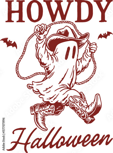 Howdy Halloween – Cute retro ghost cowboy with lasso and boots, fun Halloween western crossover for spooky season apparel and country-style designs