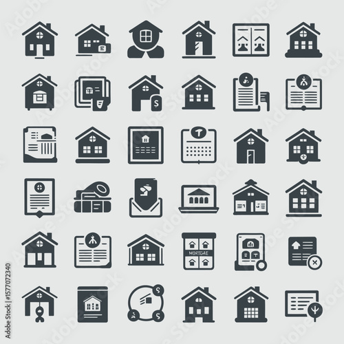 Collection of Dark Gray Real Estate and Home Related Icons on Light Gray Background House Mortgage Property Document Contract Sale Purchase Rent