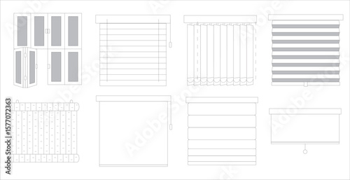 A set of horizontal and vertical blinds. Vector linear minimalistic illustration of horizontal blinds curtains. Window blinds, shades line icons.
