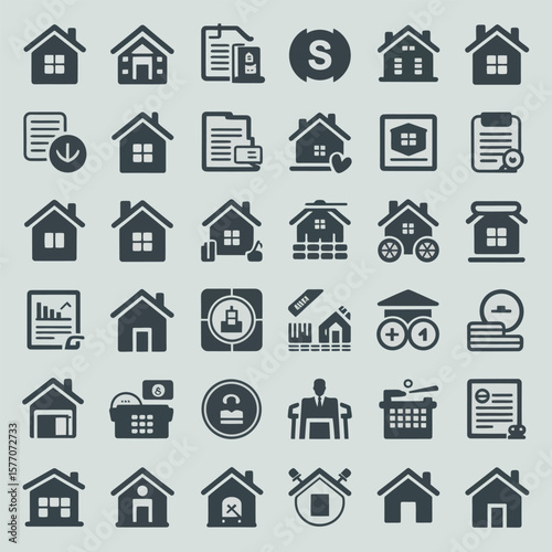 Collection of Dark Gray Real Estate Home Icons Set on Light Gray Background Various House Symbols Mortgage Documents Keys Financial Charts Home Sale Purchase Rent Property