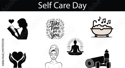 Celebrating Self Care Day with Relaxing Silhouette icons with monochrome style and clean white