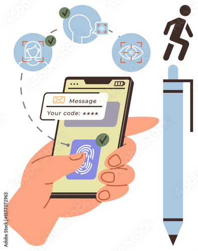 Hand holding smartphone with fingerprint scanning, verified checkmarks, facial recognition, passcode entry, and authentication steps. Ideal for security, access, protection, technology privacy