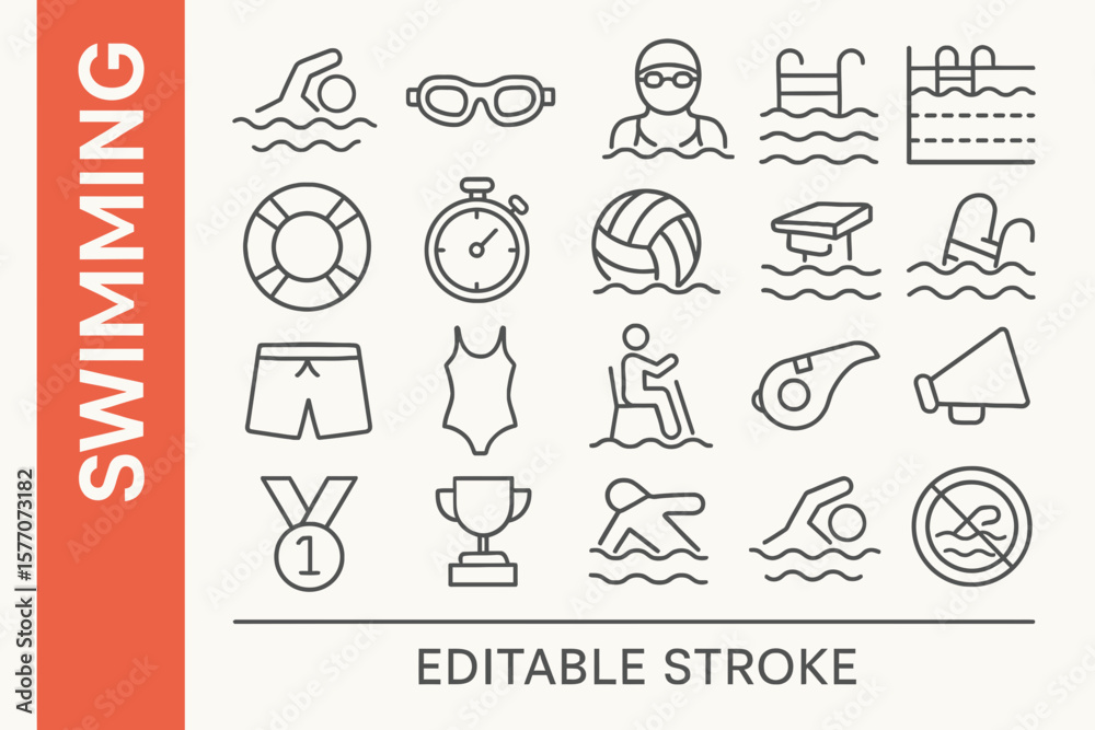 Fototapeta premium Swimming Editable Icons: Modern Sports, Aquatic Activities & Fitness Vectors