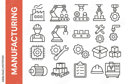 Manufacturing Line Icon Set: Modern Industry, Production & Factory Vectors