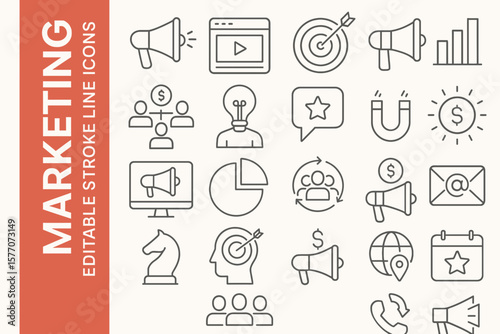 Marketing Editable Stroke Icons: Modern Digital Strategy & Promotion Vectors