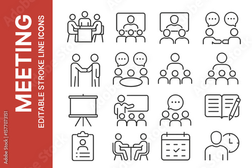 Meeting Editable Icons: Modern Collaboration, Teamwork & Conference Vectors