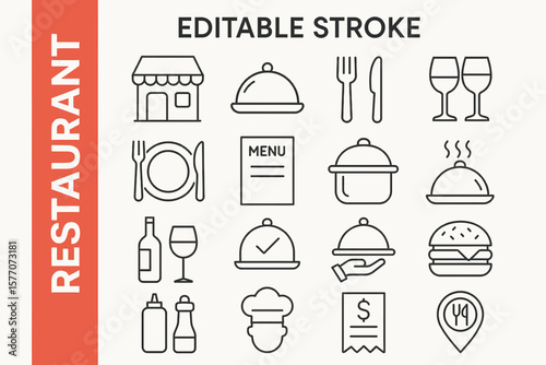 Restaurant Editable Stroke Icons: Modern Food, Dining & Service Vectors