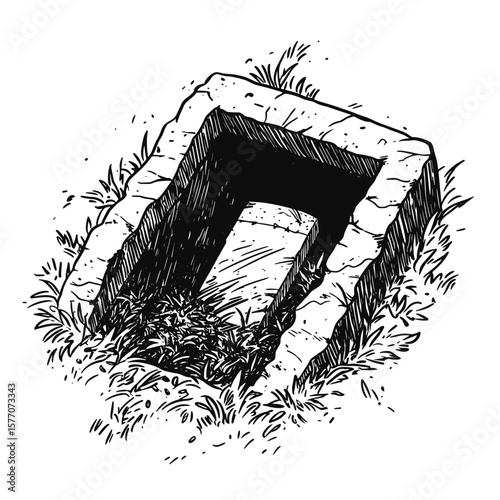 Open grave, funeral and ritual services icon in sketch style