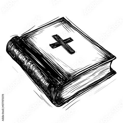 Illustration of a Bible with a cross design, funeral and ritual services icon in sketch style