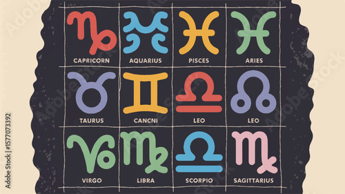 Colorful zodiac symbols with names zodiac signs astrology