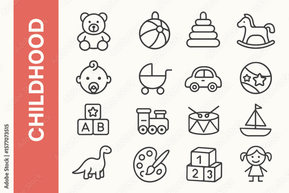 Fototapeta premium Childhood Line Icon Set: Modern Kids, Youth & Family Activity Vectors