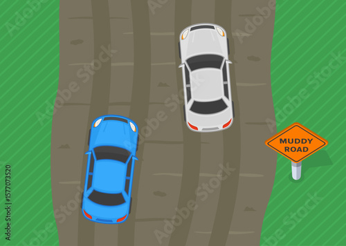 Traffic regulation rules and tips. Cars gets stuck on a country road. Top view. "Muddy road" sign area. Flat vector illustration template.