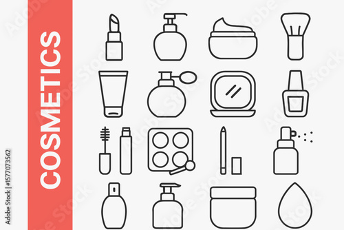 Cosmetics Line Icon Set: Modern Beauty, Skincare & Makeup Treatment Vectors