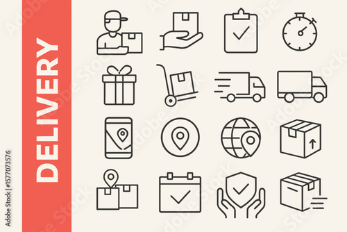 Delivery Line Icon Set: Modern Logistics, Shipping & Transport Service Vectors